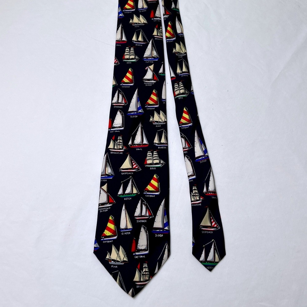 Alynn Men Name That Boat Eric Holch Nautical Silk Necktie 58" Navy Blue Nautical